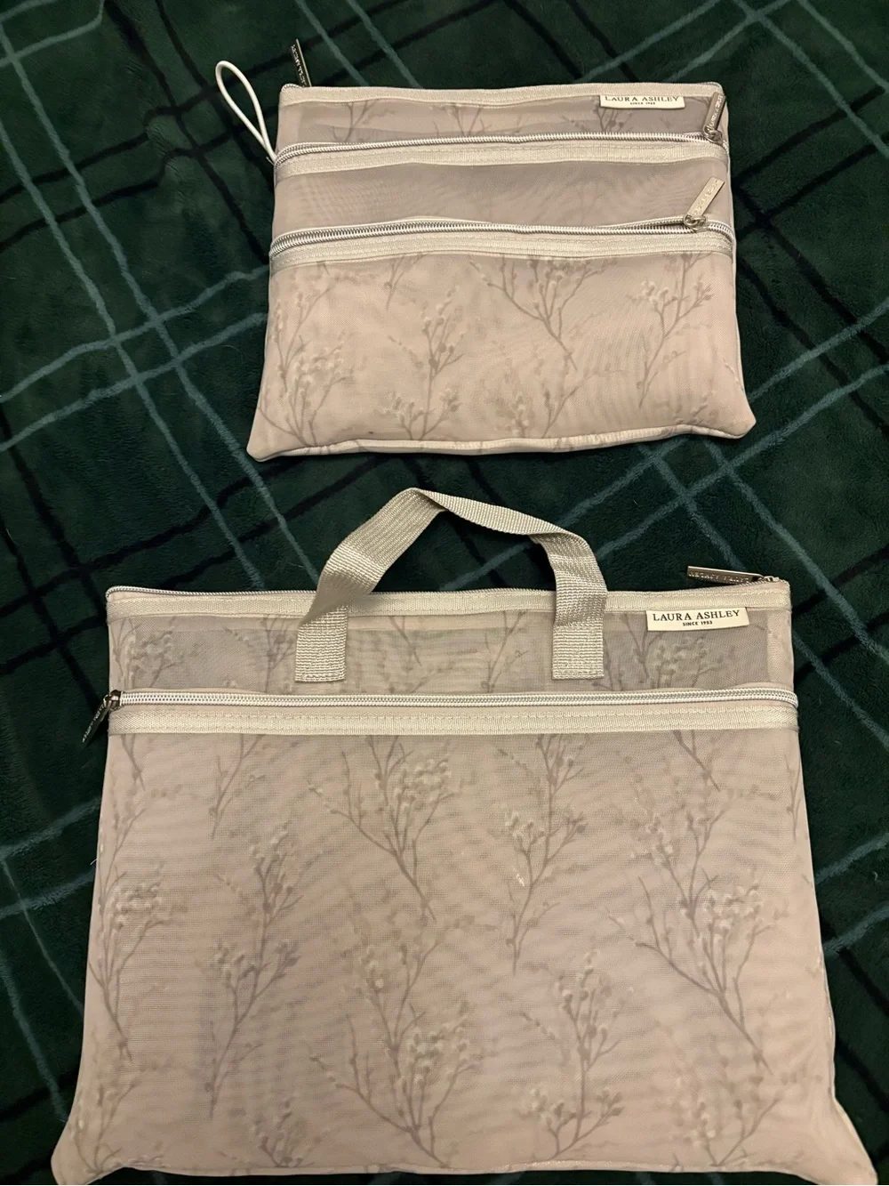 Laura Ashley Neutral Taupe Floral Zippered Travel Pouch Set